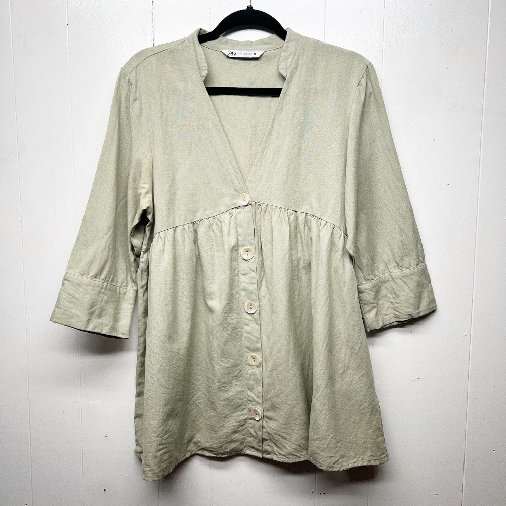 ZARA Cotton Linen Button Front 3/4 Sleeve Women's Babydoll Tunic Top Size Small